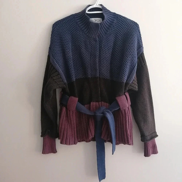 Wildfox Barb Chunky Knit Jacket Colourblock Cardigan with Waist Tie Small - Picture 3 of 16